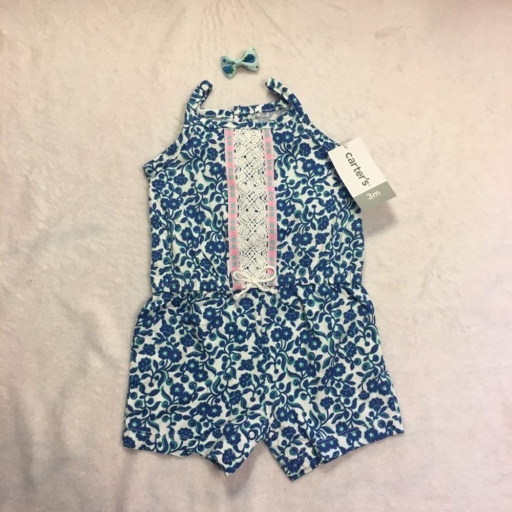 Carter's Floral Romper Baby Girl 3M Blue White NWT Lace Trim Sunsuit Bow Clip